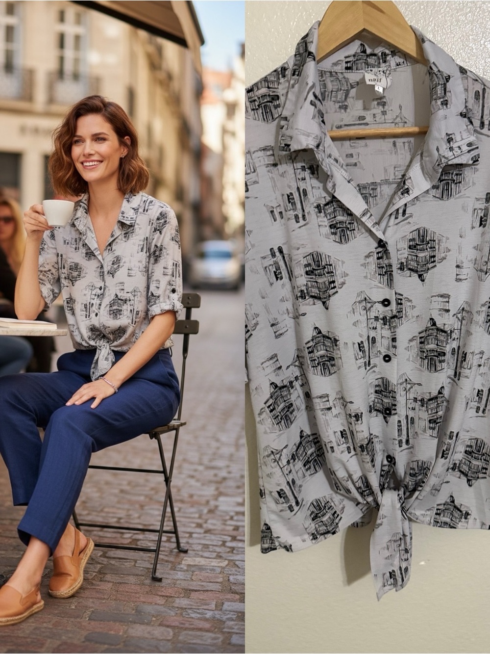 Naïf Size L Cityscape Print Tie Front Button Up Blouse Black White